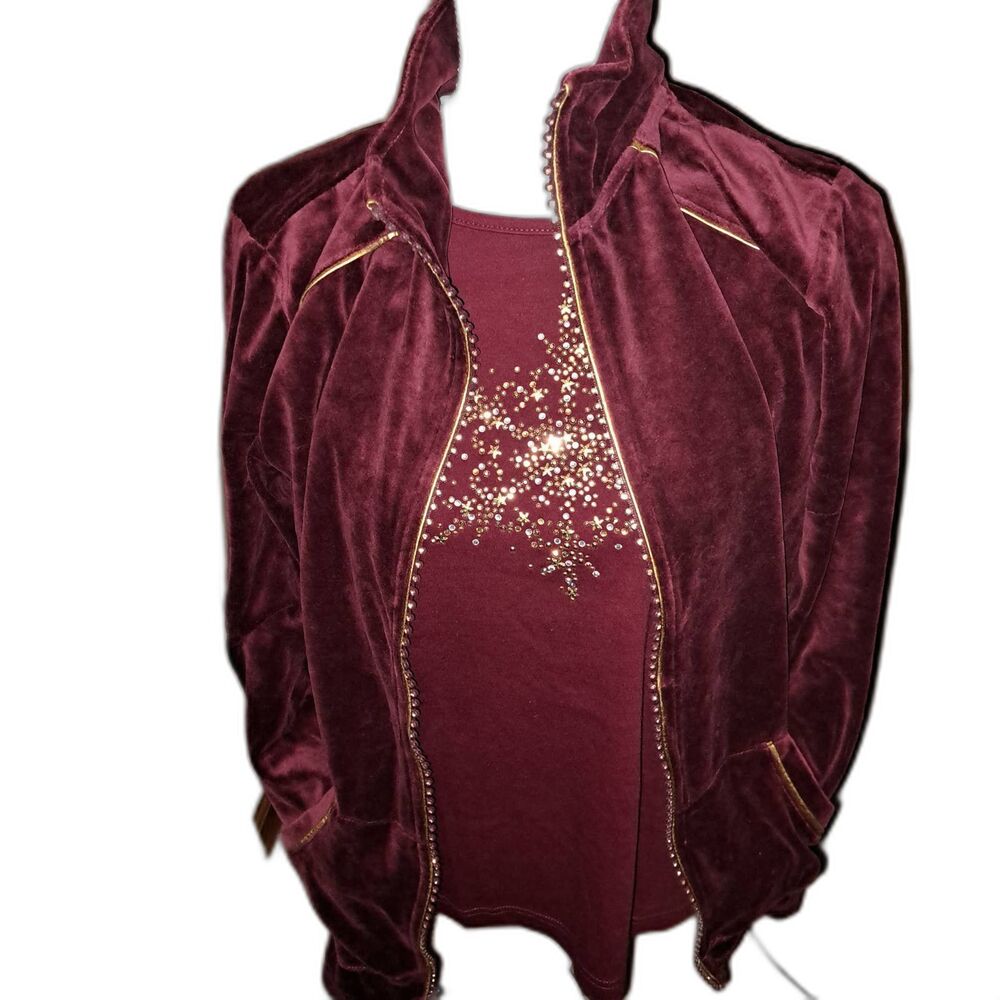 SALE!! NWT- Quacker Factory Maroon 2 pc Set, Rhinestone T-Shirt with Jacket M